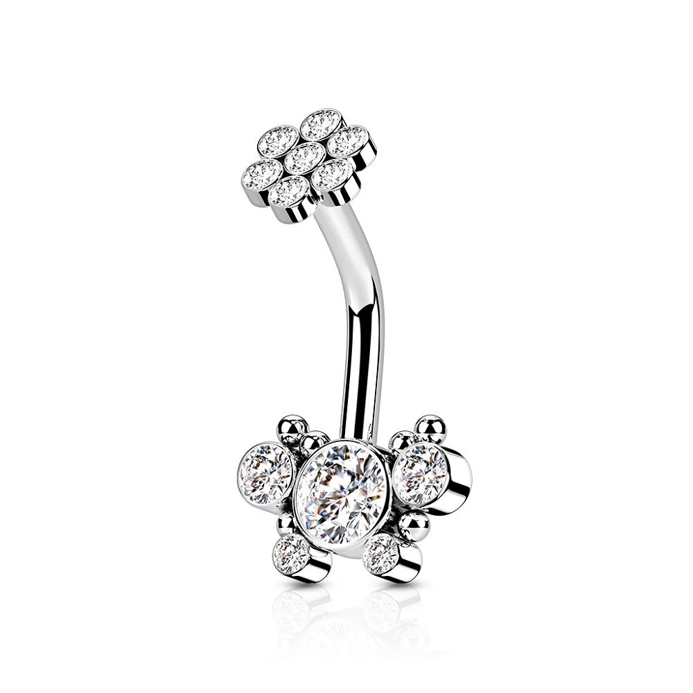 Internally Threaded CZ Crystal and Ball Cluster Butterfly Belly Button Ring
 - 316L Surgical Steel