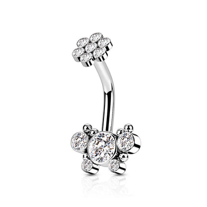 Internally Threaded CZ Crystal and Ball Cluster Butterfly Belly Button Ring
 - 316L Surgical Steel