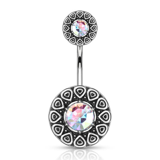 Tribal Pattern with CZ Center and Top Belly Button Ring - 316L Stainless Steel