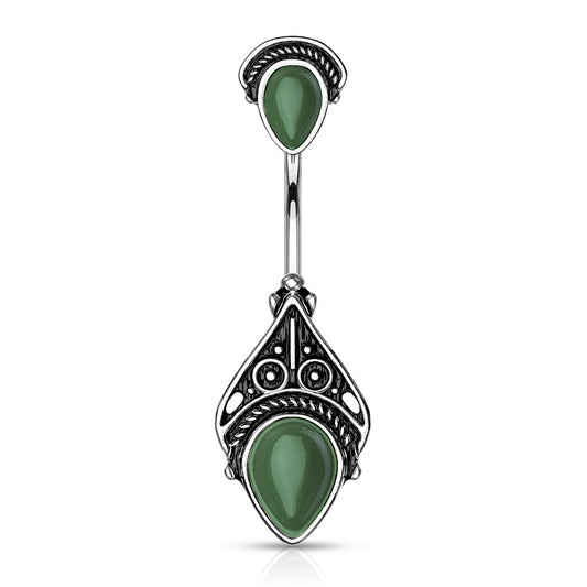 Double Semi Precious Stone Vintage Filigree Belly Button Ring - Stainless Steel