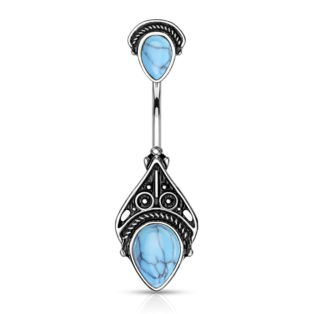 Double Semi Precious Stone Vintage Filigree Belly Button Ring - Stainless Steel