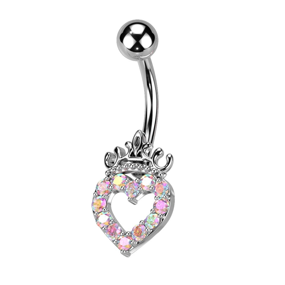 CZ Crystal Paved Hollow Heart and Crown Belly Button Ring - 316L Stainless Steel