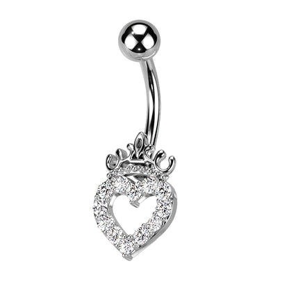 CZ Crystal Paved Hollow Heart and Crown Belly Button Ring - 316L Stainless Steel