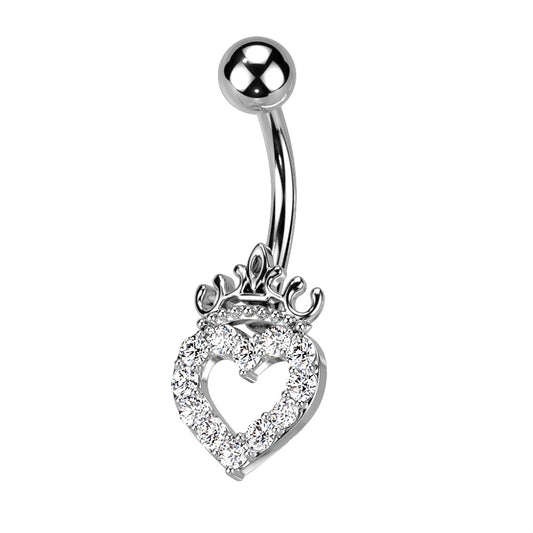 CZ Crystal Paved Hollow Heart and Crown Belly Button Ring - 316L Stainless Steel