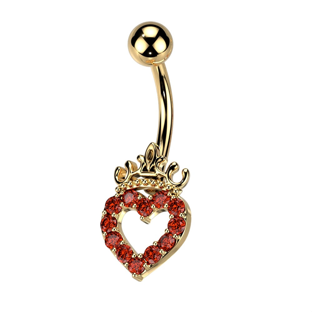 CZ Crystal Paved Hollow Heart and Crown Belly Button Ring - 316L Stainless Steel