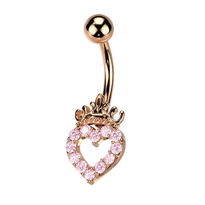 CZ Crystal Paved Hollow Heart and Crown Belly Button Ring - 316L Stainless Steel