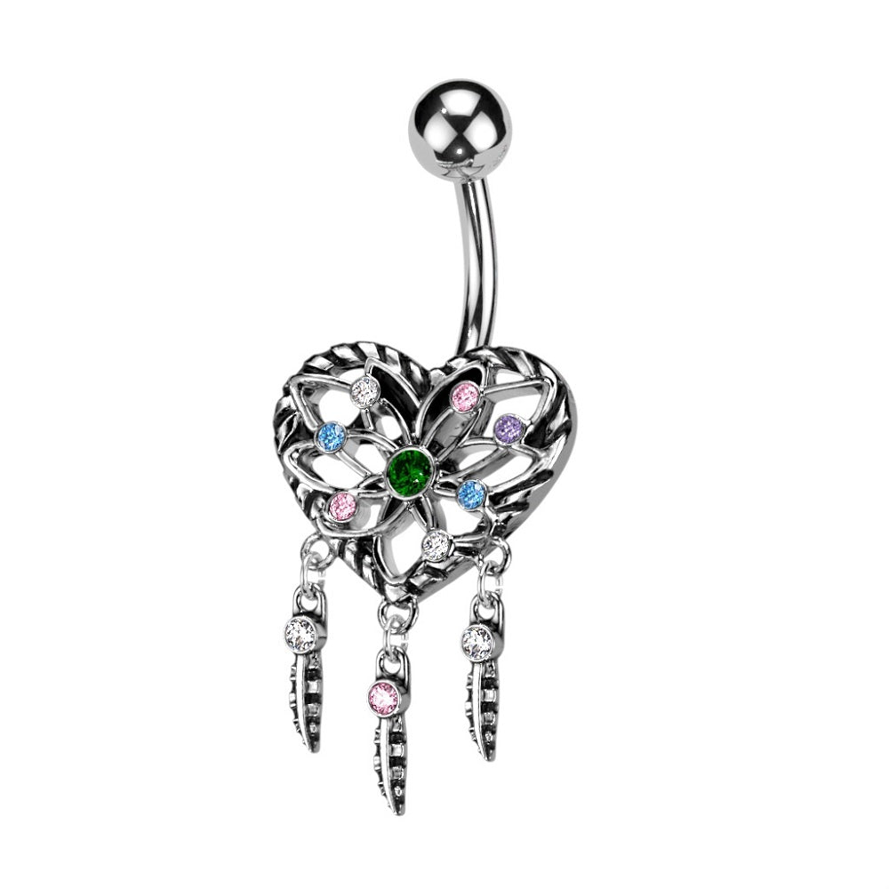 Heart Dream Catcher with Dangling Feathers Belly Button Ring - 316L Stainless Steel