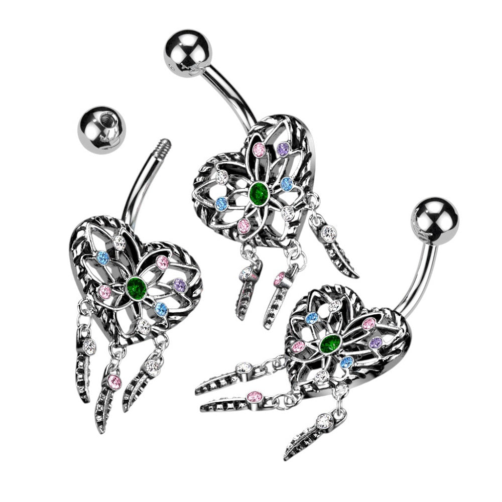 Heart Dream Catcher with Dangling Feathers Belly Button Ring - 316L Stainless Steel