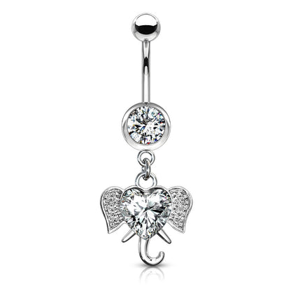 CZ Crystal Heart Elephant Dangling Belly Button Ring - Stainless Steel