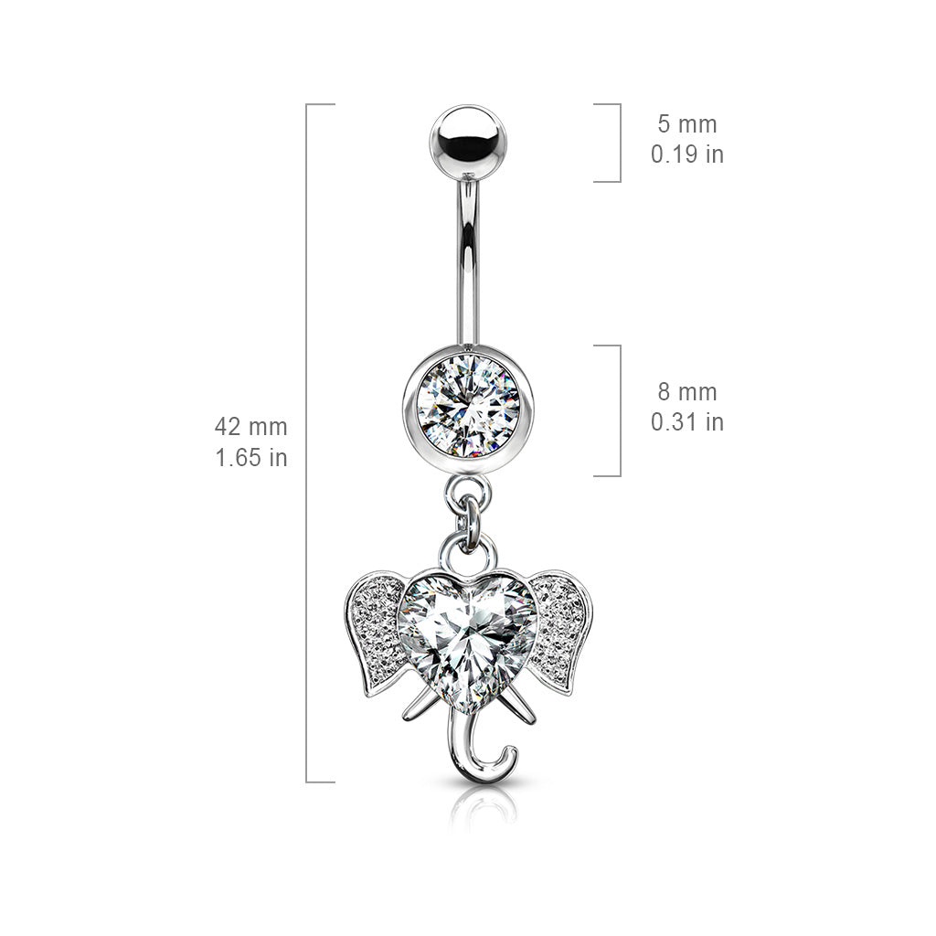 CZ Crystal Heart Elephant Dangling Belly Button Ring - Stainless Steel