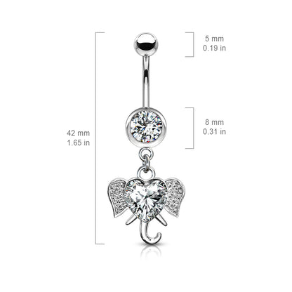 CZ Crystal Heart Elephant Dangling Belly Button Ring - Stainless Steel