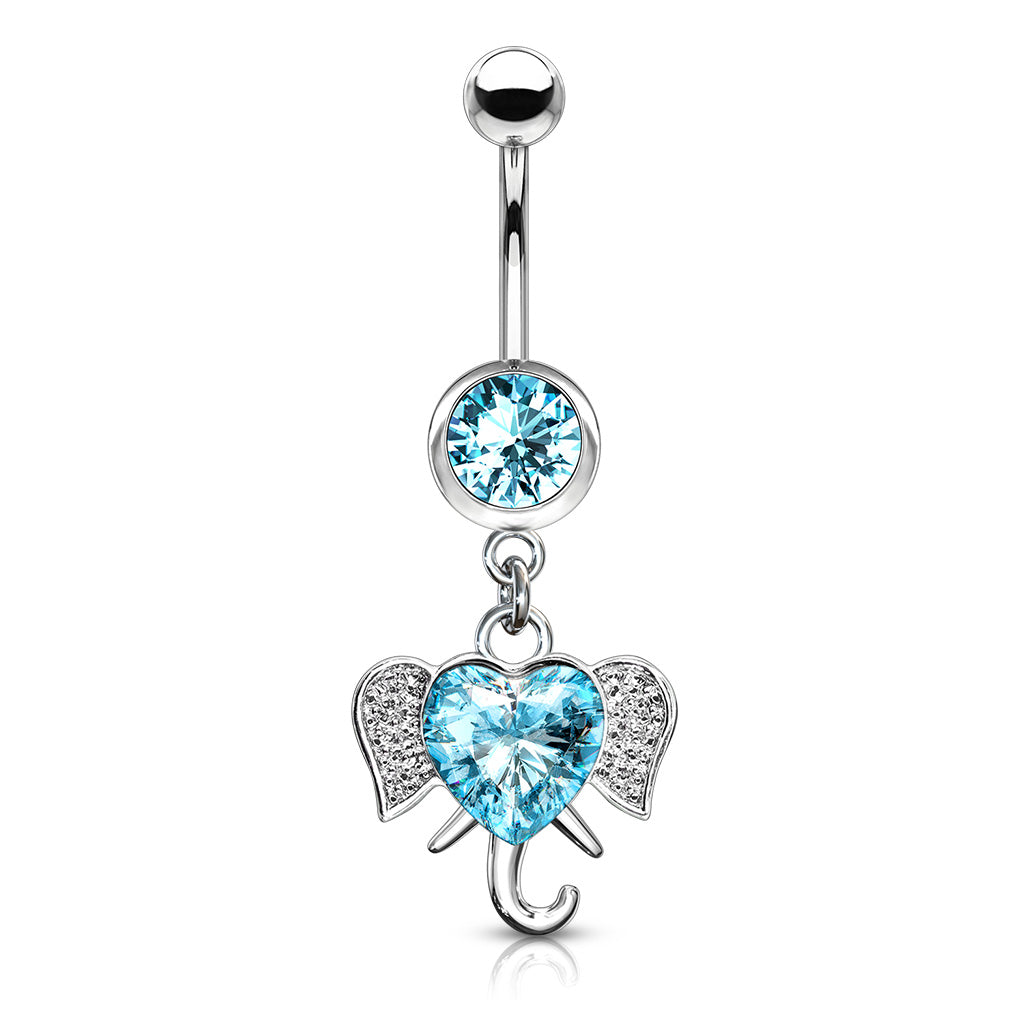 CZ Crystal Heart Elephant Dangling Belly Button Ring - Stainless Steel