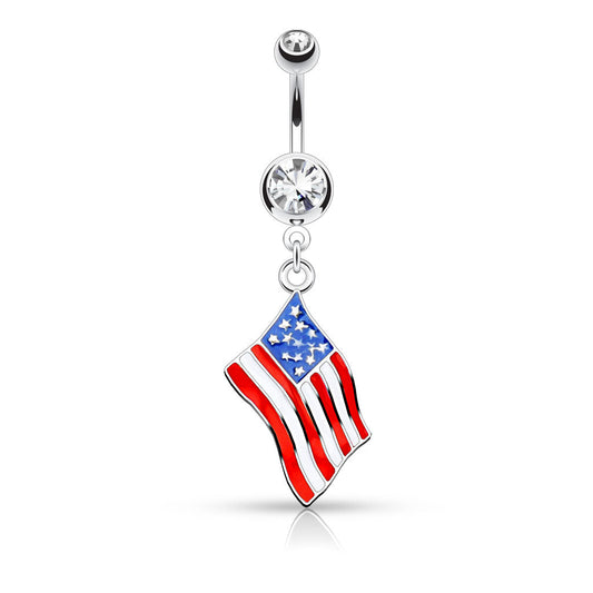 United States USA American Flag Epoxy Dangle with Star Gem Belly Ring - Stainless Steel