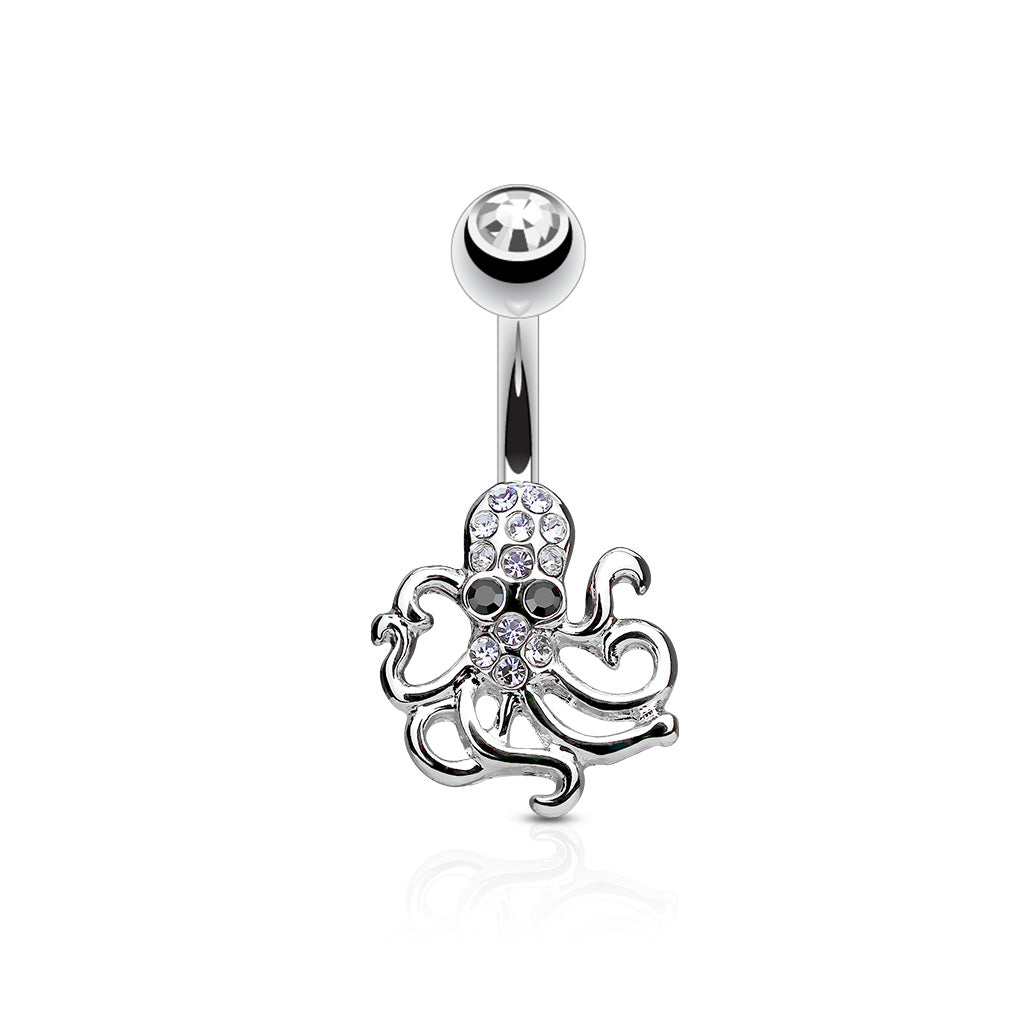 Crystal Paved Octopus Belly Button Ring - 316L Stainless Steel