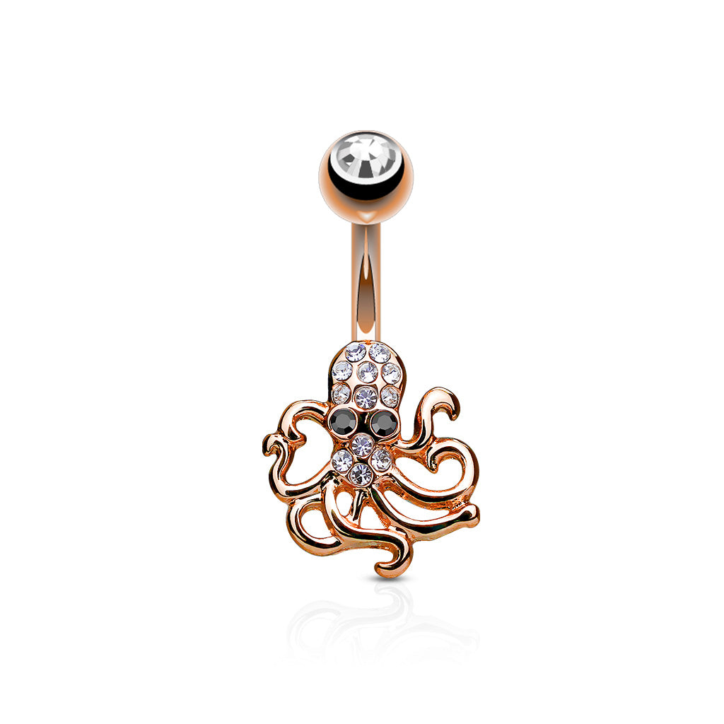 Crystal Paved Octopus Belly Button Ring - 316L Stainless Steel