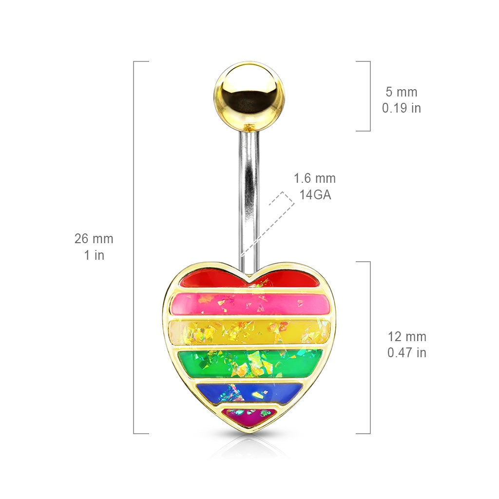 Rainbow Gay Pride Synthetic Opal Glitter Heart Belly Button Ring - Stainless Steel