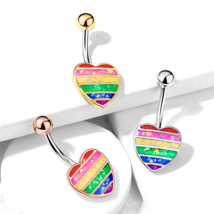Rainbow Gay Pride Synthetic Opal Glitter Heart Belly Button Ring - Stainless Steel