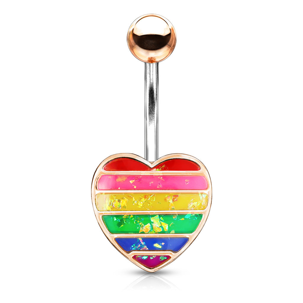 Rainbow Gay Pride Synthetic Opal Glitter Heart Belly Button Ring - Stainless Steel