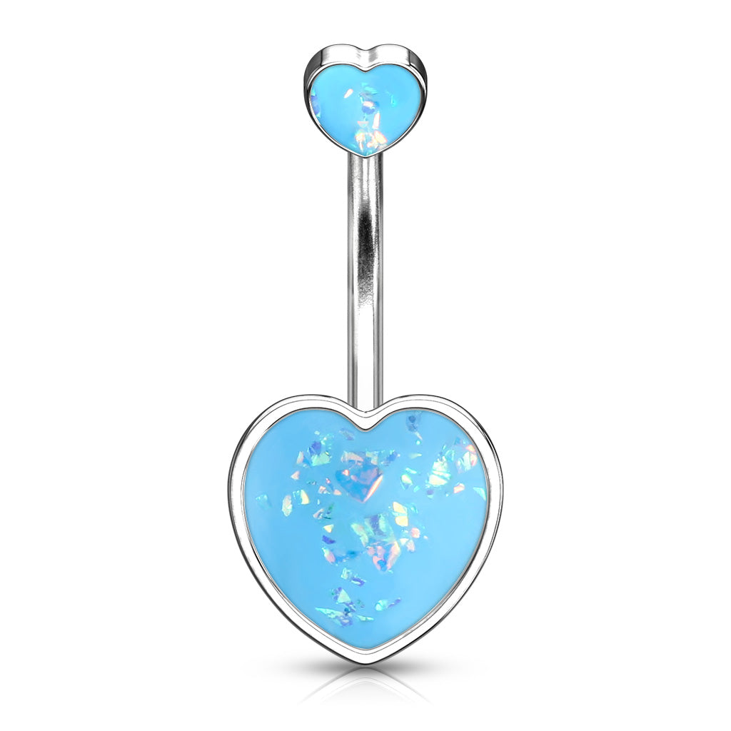 Double Opalite Glitter Filled Hearts Belly Button Ring
 - 316L Stainless Steel