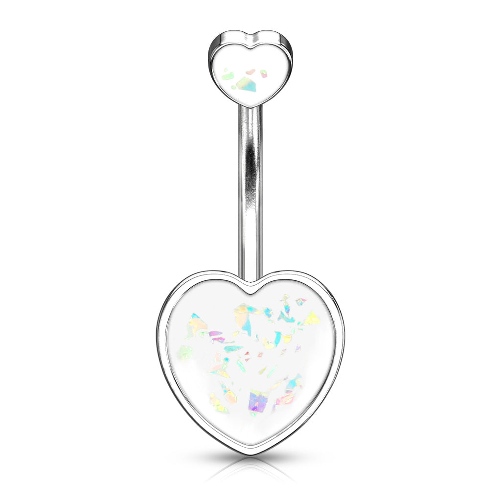 Double Opalite Glitter Filled Hearts Belly Button Ring
 - 316L Stainless Steel