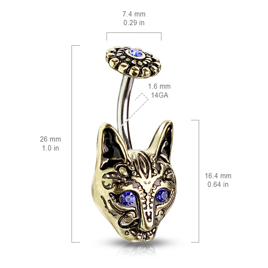 Blue Eyed Tribal Cat Belly Button Ring - 316L Stainless Steel