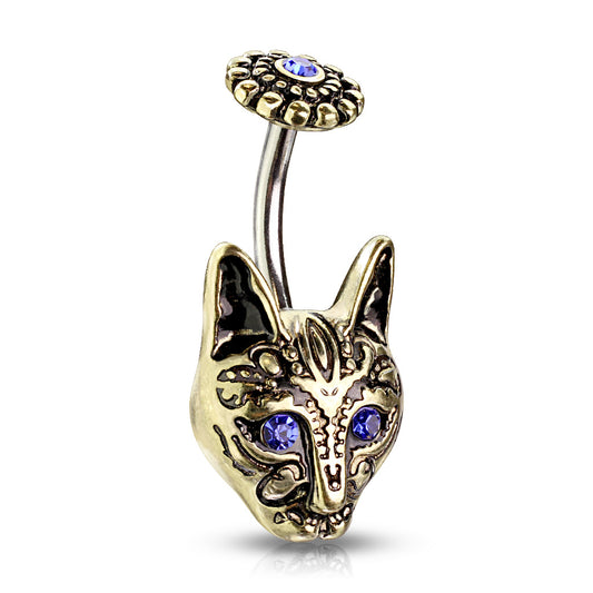 Blue Eyed Tribal Cat Belly Button Ring - 316L Stainless Steel