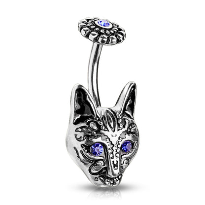 Blue Eyed Tribal Cat Belly Button Ring - 316L Stainless Steel