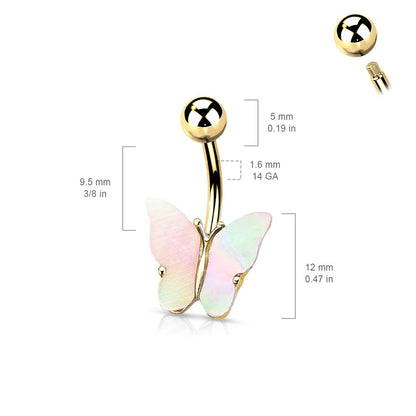 Shimmery Shell Covered Butterfly Belly Button Ring - 316L Stainless Steel