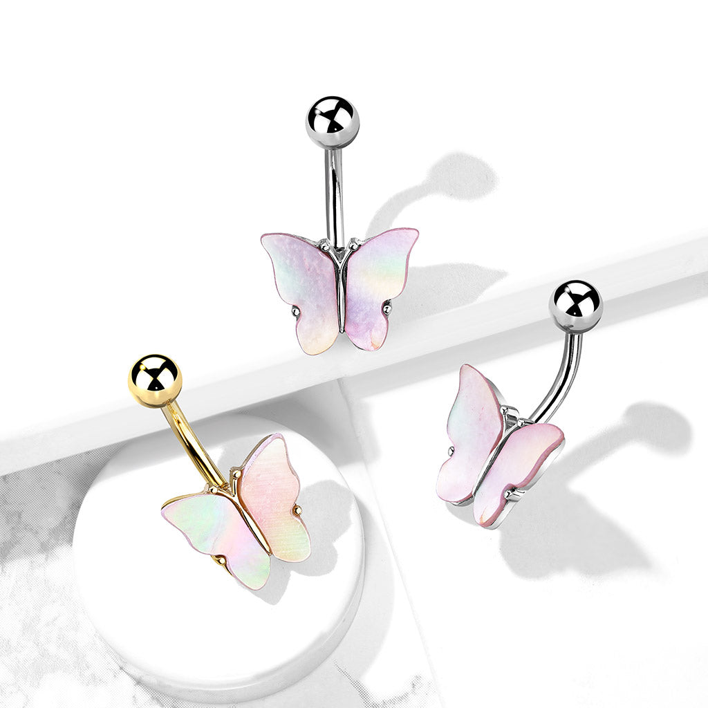 Shimmery Shell Covered Butterfly Belly Button Ring - 316L Stainless Steel