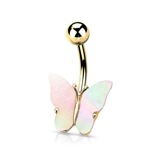 Shimmery Shell Covered Butterfly Belly Button Ring - 316L Stainless Steel