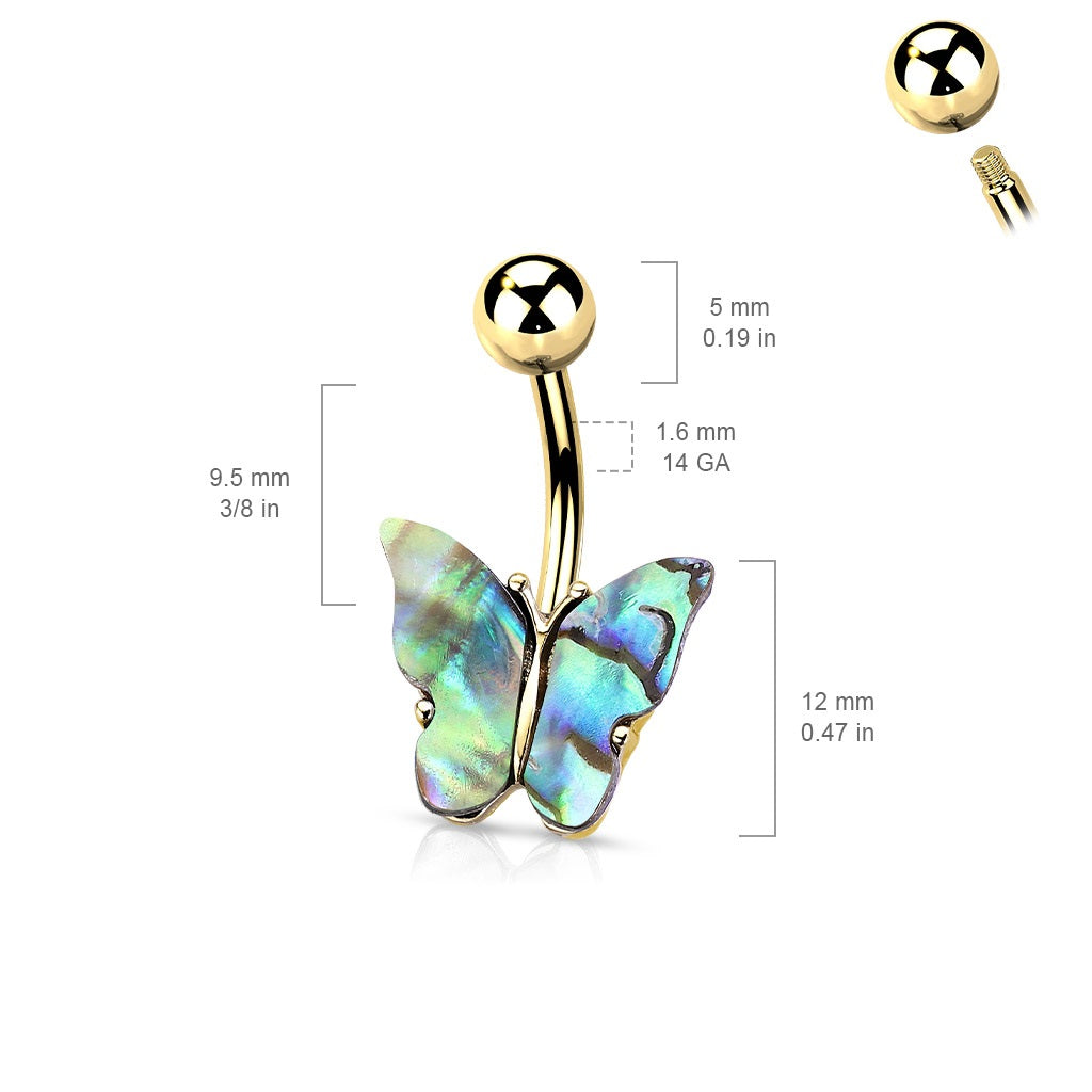 Abalone Shell Covered Butterfly Belly Button Ring - 316L Stainless Steel