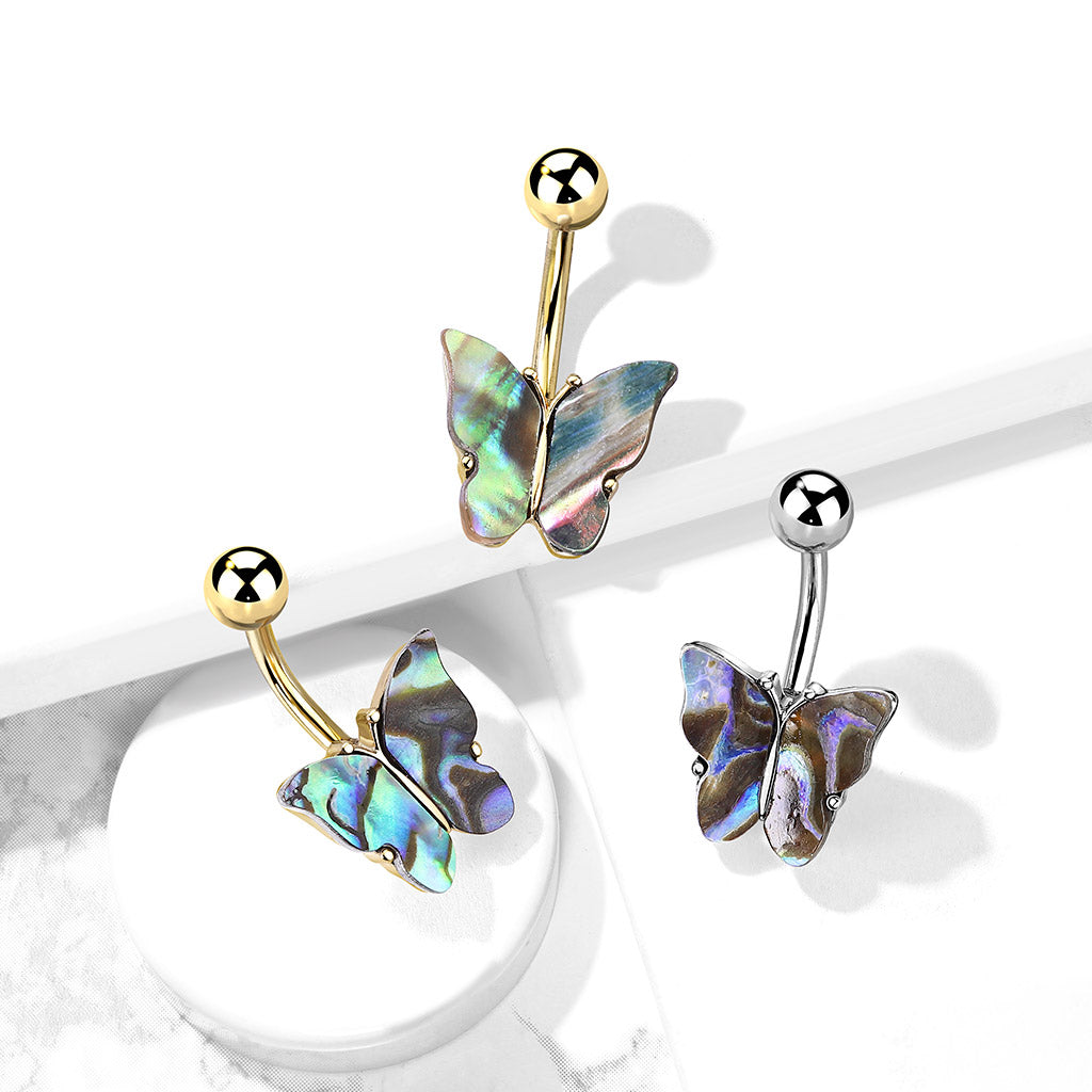 Abalone Shell Covered Butterfly Belly Button Ring - 316L Stainless Steel