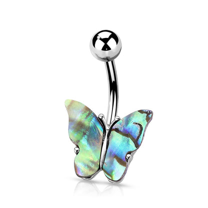 Abalone Shell Covered Butterfly Belly Button Ring - 316L Stainless Steel