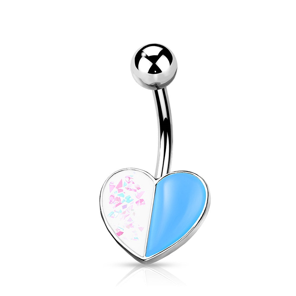 Glittery Opalite and Enamel Two Tone Heart Belly Button Ring
 - 316L Stainless Steel