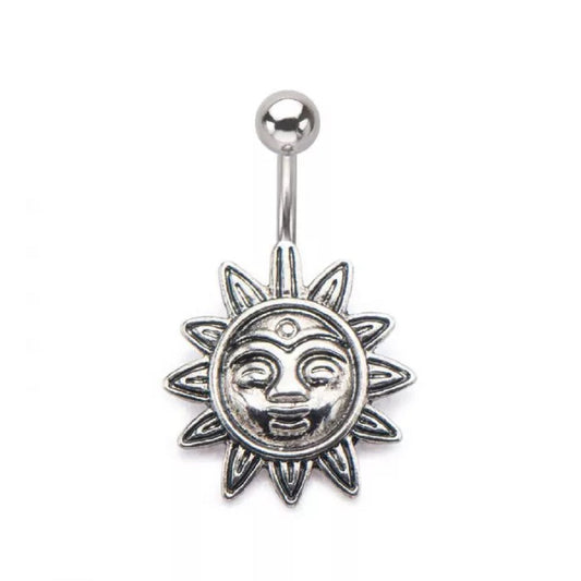 Smiling Tribal Sun Charm Belly Button Ring - 316L Stainless Steel