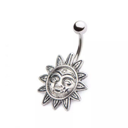 Smiling Tribal Sun Charm Belly Button Ring - 316L Stainless Steel