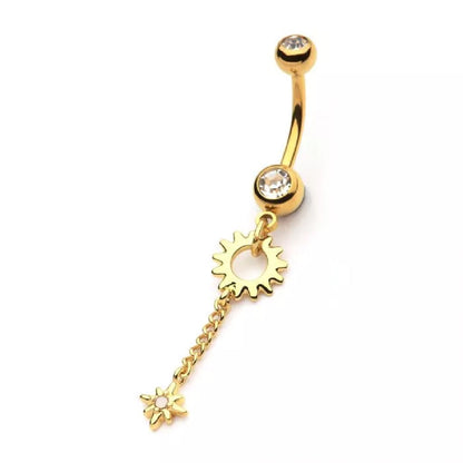 Gold Tone Sun with Chain and Opalite Star Dangling Belly Button Ring - 316L Stainless Steel