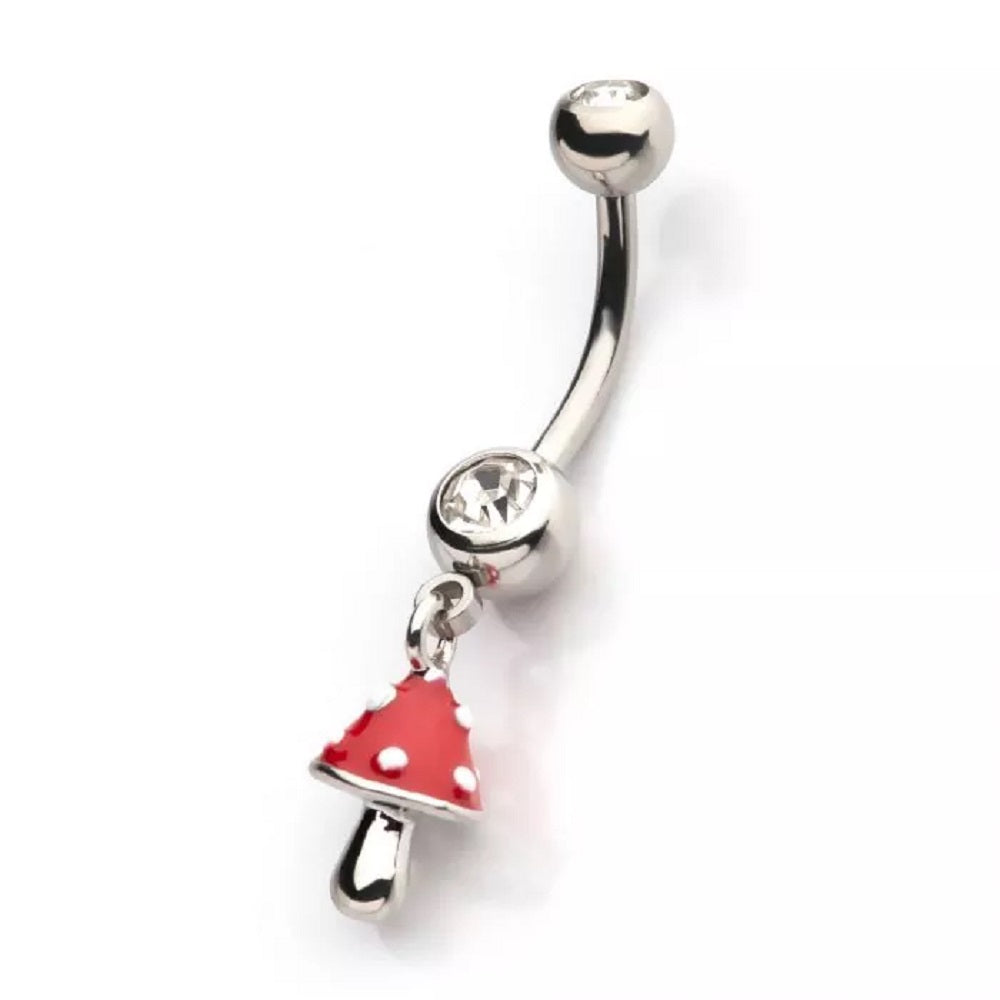 CZ Crystal with Dangling Red Enamel Mushroom Belly Button Ring - 316L Stainless Steel