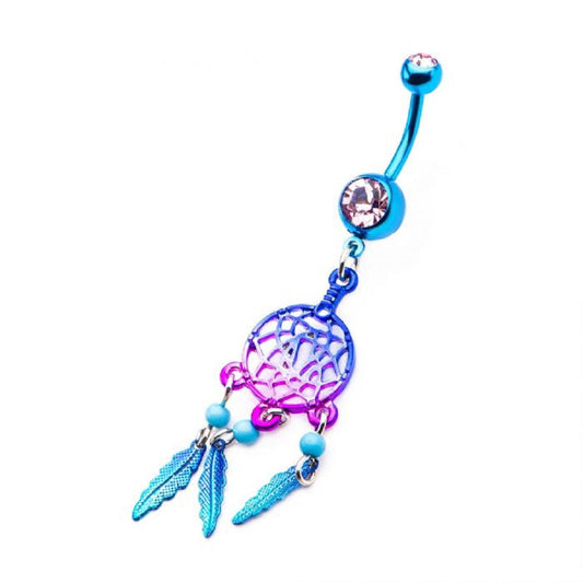 CZ Crystal Blue and Purple Ombre Dream Catcher Dangling Belly Button Ring - Stainless Steel