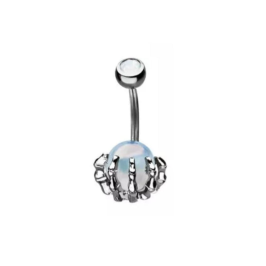 Skull Hand with Crystal Orb Belly Button Ring - 316L Stainless Steel