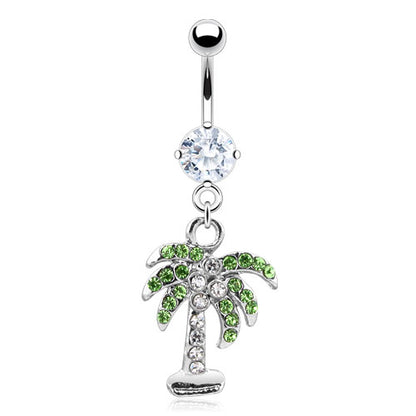 CZ Crystal Gemmed Palm Tree Dangling Belly Button Ring - Stainless Steel