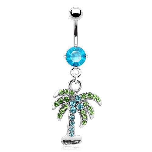 CZ Crystal Gemmed Palm Tree Dangling Belly Button Ring - Stainless Steel