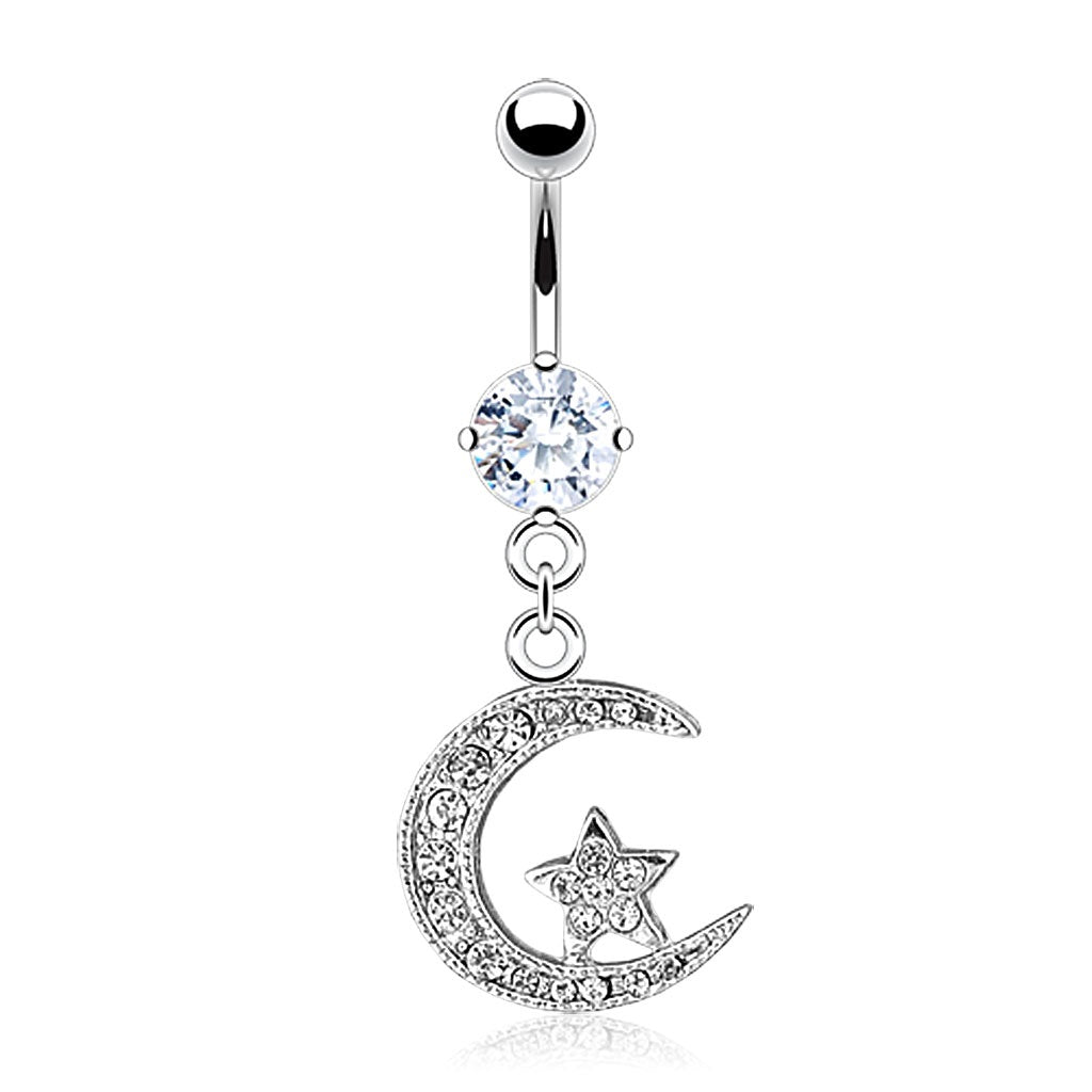 CZ Crystal Paved Crescent Moon and Star Dangling Belly Button Ring - 316L Stainless Steel