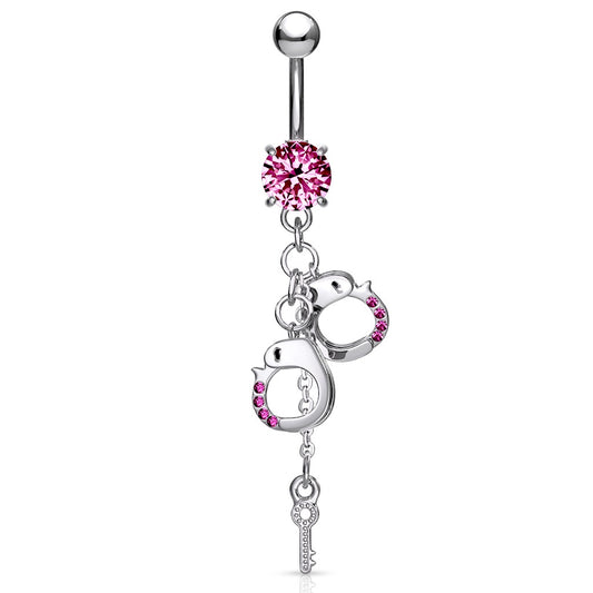 CZ Crystal Dangling Handcuffs Belly Button Ring - 316L Stainless Steel