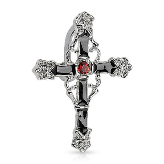 Black Enamel Colored Cross with Red Gem Center Rhodium Plated Top Drop Navel Belly Ring - Stainless Steel