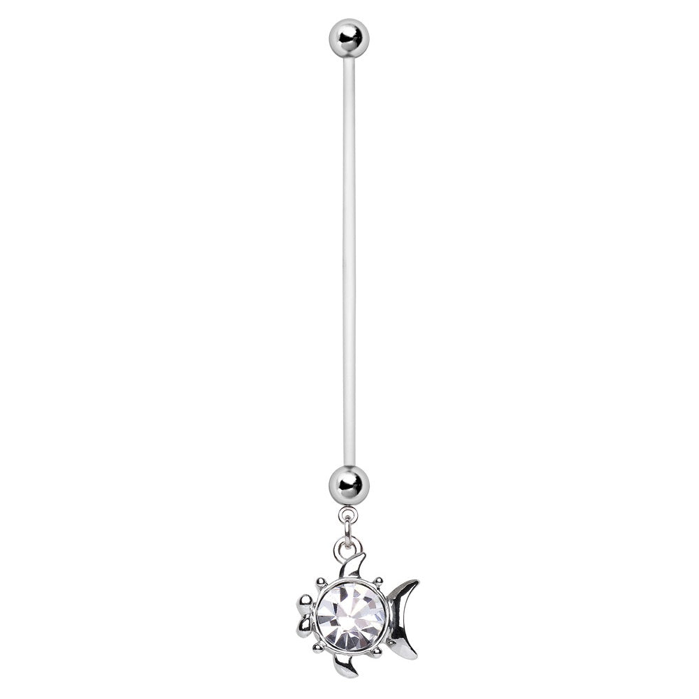 Small Fish with CZ Belly Dangling BioFlex Maternity Pregnancy Flexible Belly Button Ring
 - Stainless Steel