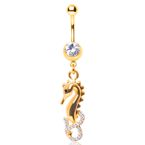 Gold Tone Gemmed Dangling Seahorse Belly Button Ring in with CZ Crystal Accents - 316L Stainless Steel