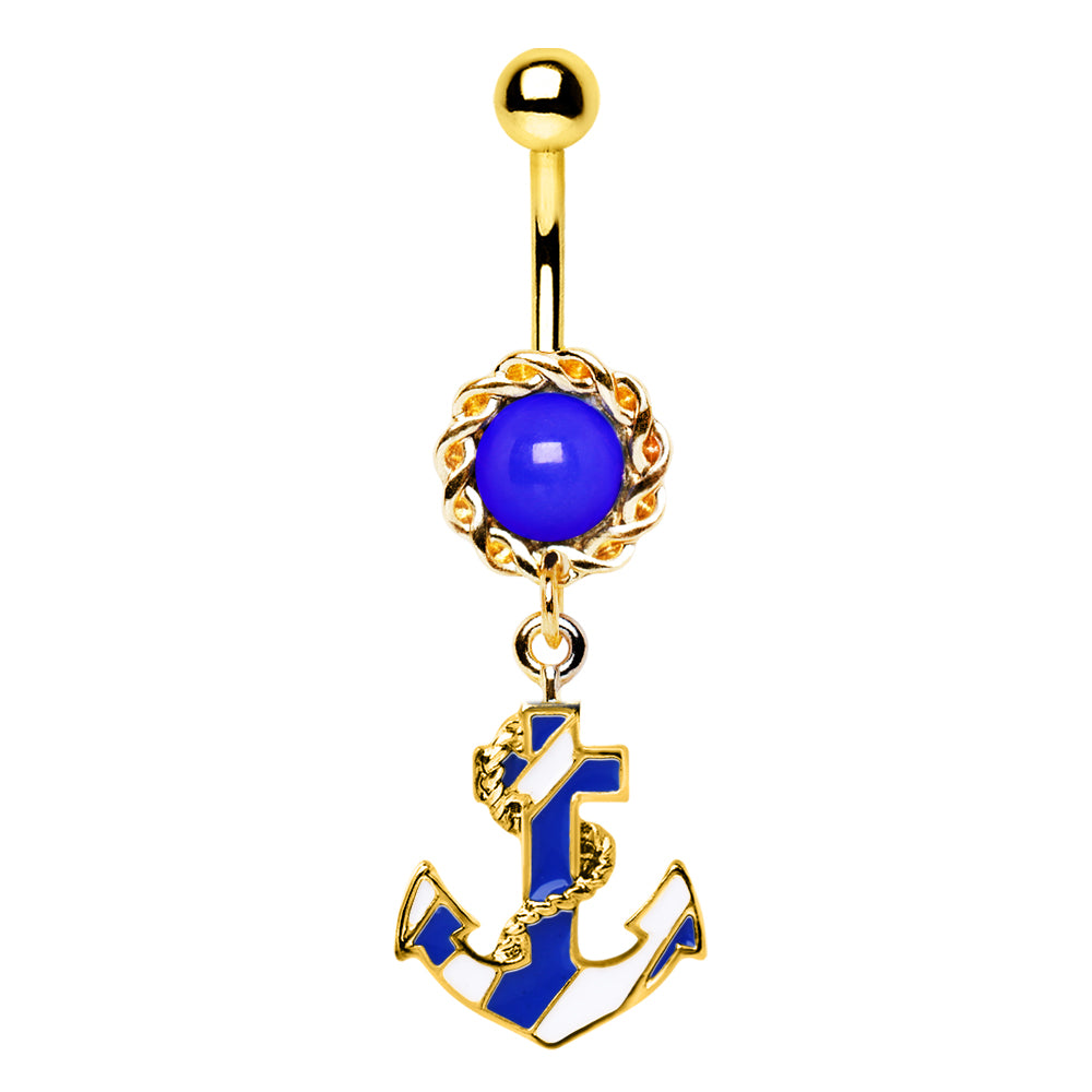 Gold Plated Nautical Striped Anchor Charm Dangling Belly Button Ring - Stainless Steel