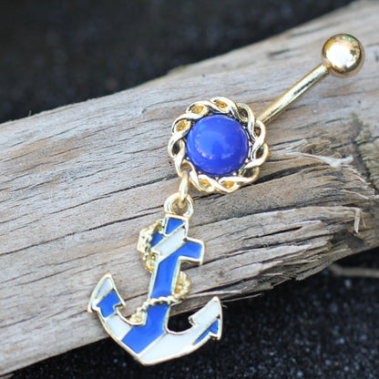 Gold Plated Nautical Striped Anchor Charm Dangling Belly Button Ring - Stainless Steel