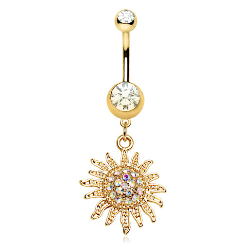 Gold Plated Shimmering Sunburst Dangling Belly Button Ring - Stainless Steel